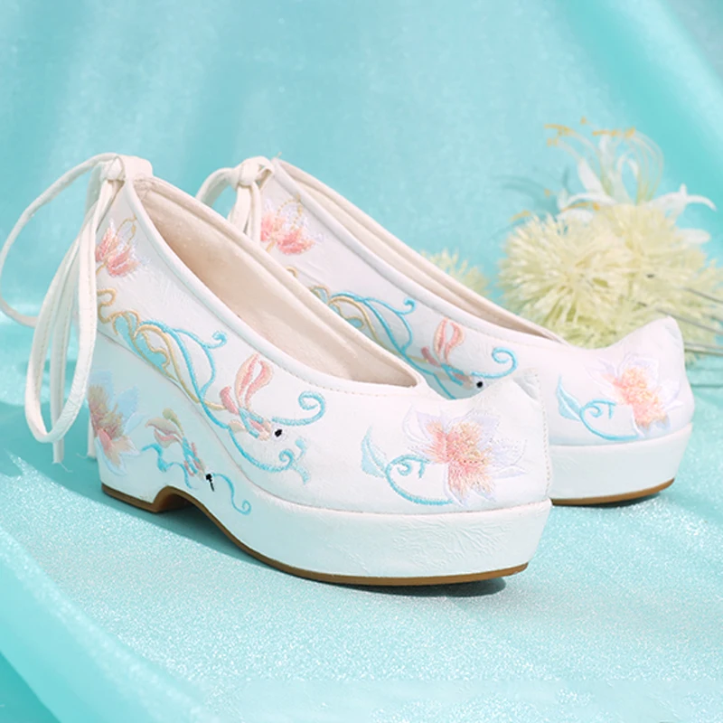 2023 Summer Mesh Shoes High Heel Embroidered Shoes Ancient Style Hanfu Shoes Women's Big Slope with 8cm