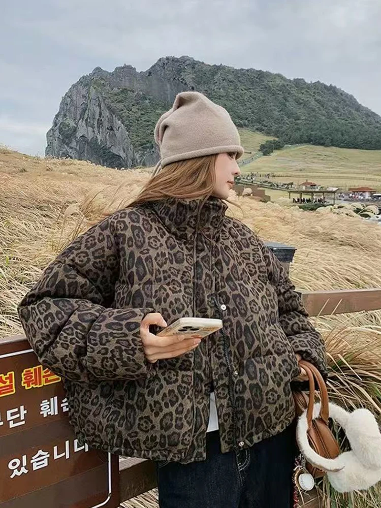 

Vintage Leopard Print Parkas Coats Women Winter Warm Standing Collar Crop Down Jacket Y2K Streetwear All Match Zipper Outerwear