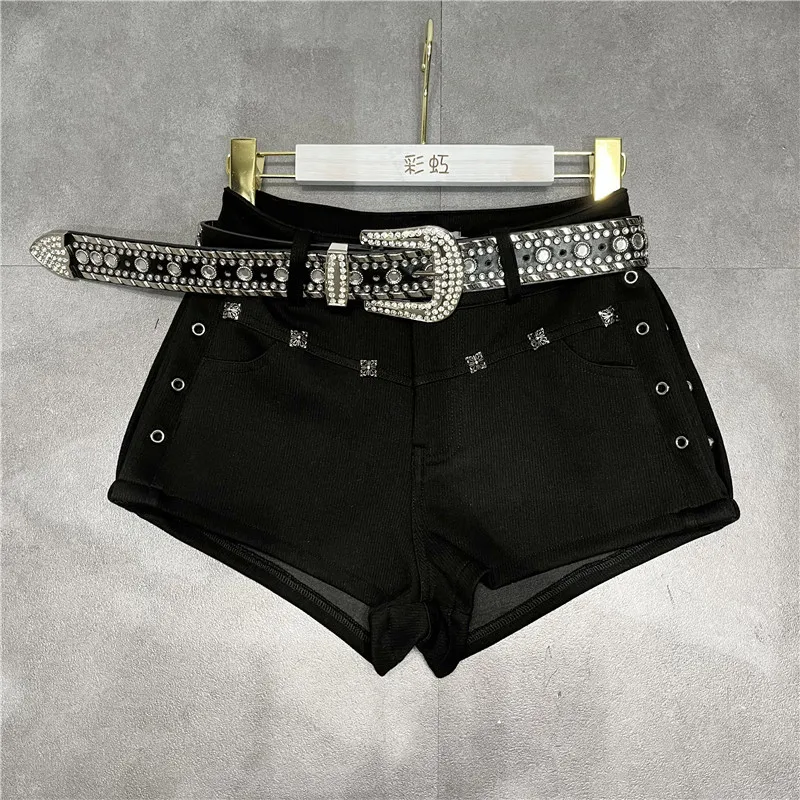 

Street Fashion Heavy Industry Rivets Decorative Rhinestone Belt Shorts 2024 Fall Spring New Sexy Booty Short for Women