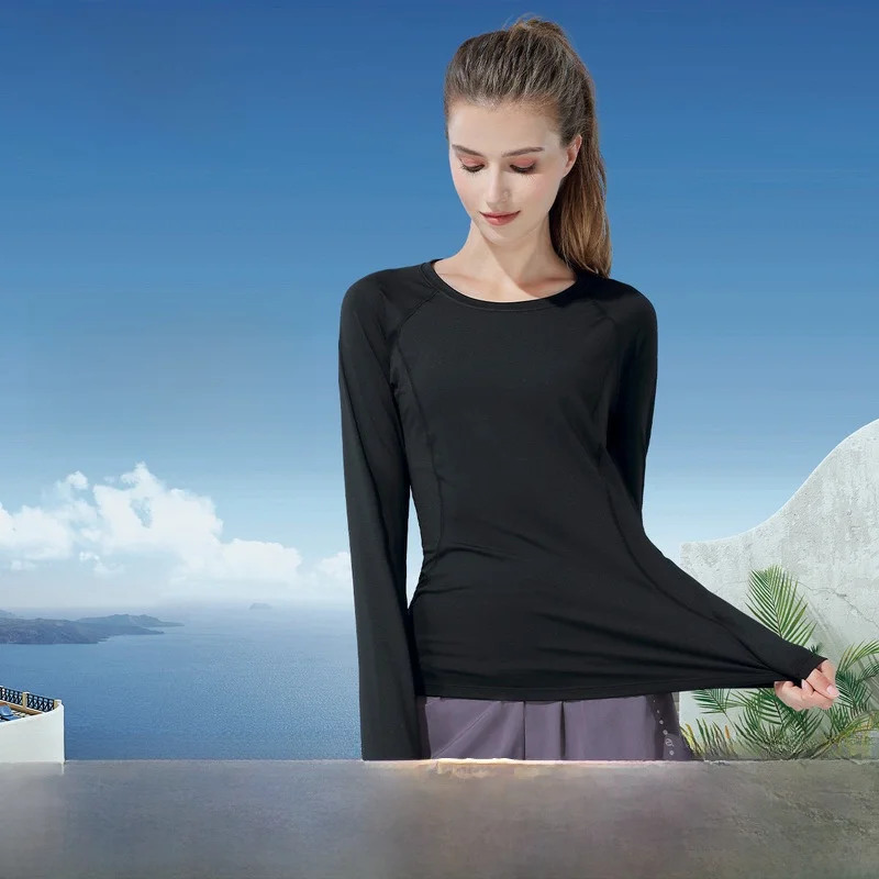 キャメルヨガフリース裏地付きスリムフィット長袖tシャツ-レディースカジュアルフィットネスウェア-サーマルタイトスポーツトップ-ラウンドネックtシャツ