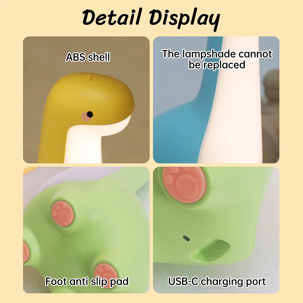 Luz nocturna de dinosaurio para niños: lámpara LED para guardería recargable por USB con 3 colores, luz de alimentación junto a la cama de dibujos animados lindos y ayuda para dormir