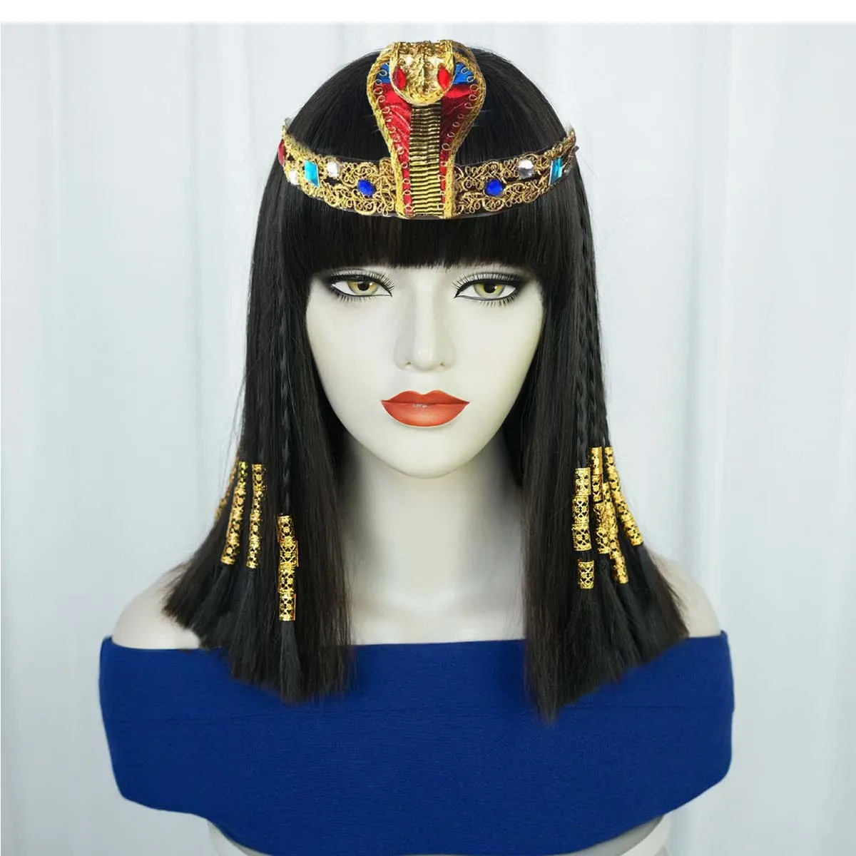 Women Halloween Costume Props Egyptian Cleopatra Cospaly Black Short Straight Bob Wig With Snake Headpiece