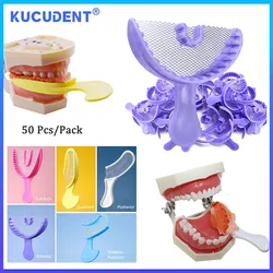 KUCUDENT 50 Pcs Dental Impression Trays With Net Colorful Disposable Dentistry Bite Registration Triple Tray Mold Teeth Holder