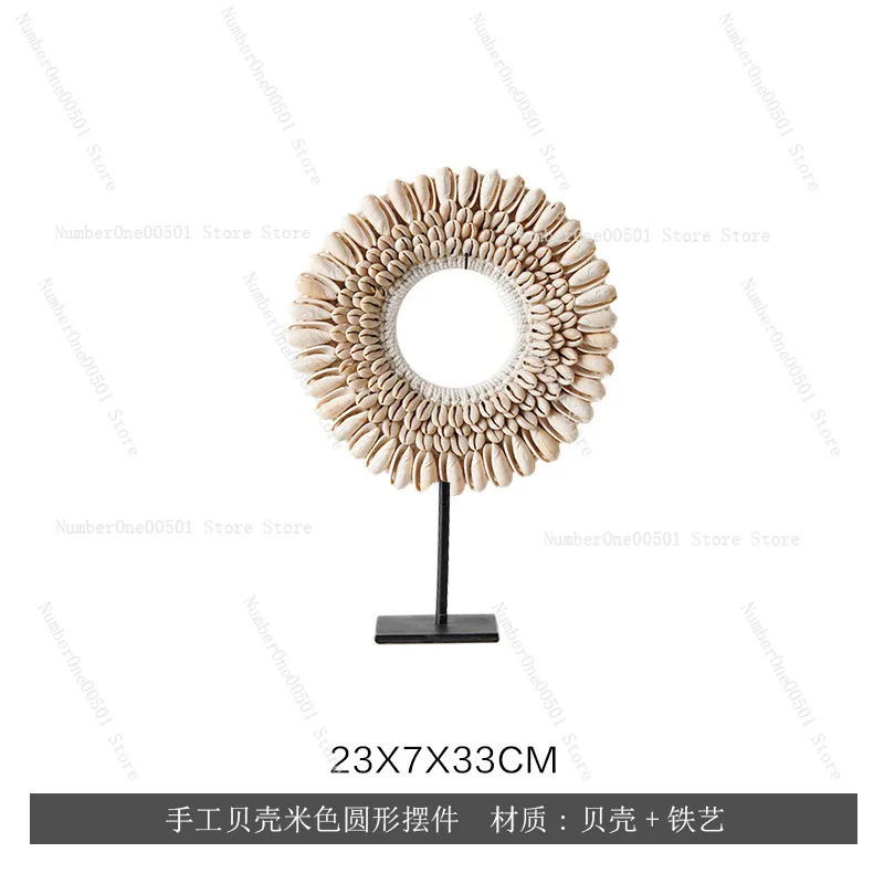 

Modern Minimalist Handmade Shell Feather Ornament White Round Art Decor for Show Flat Living Room Entryway Tabletop Decoration