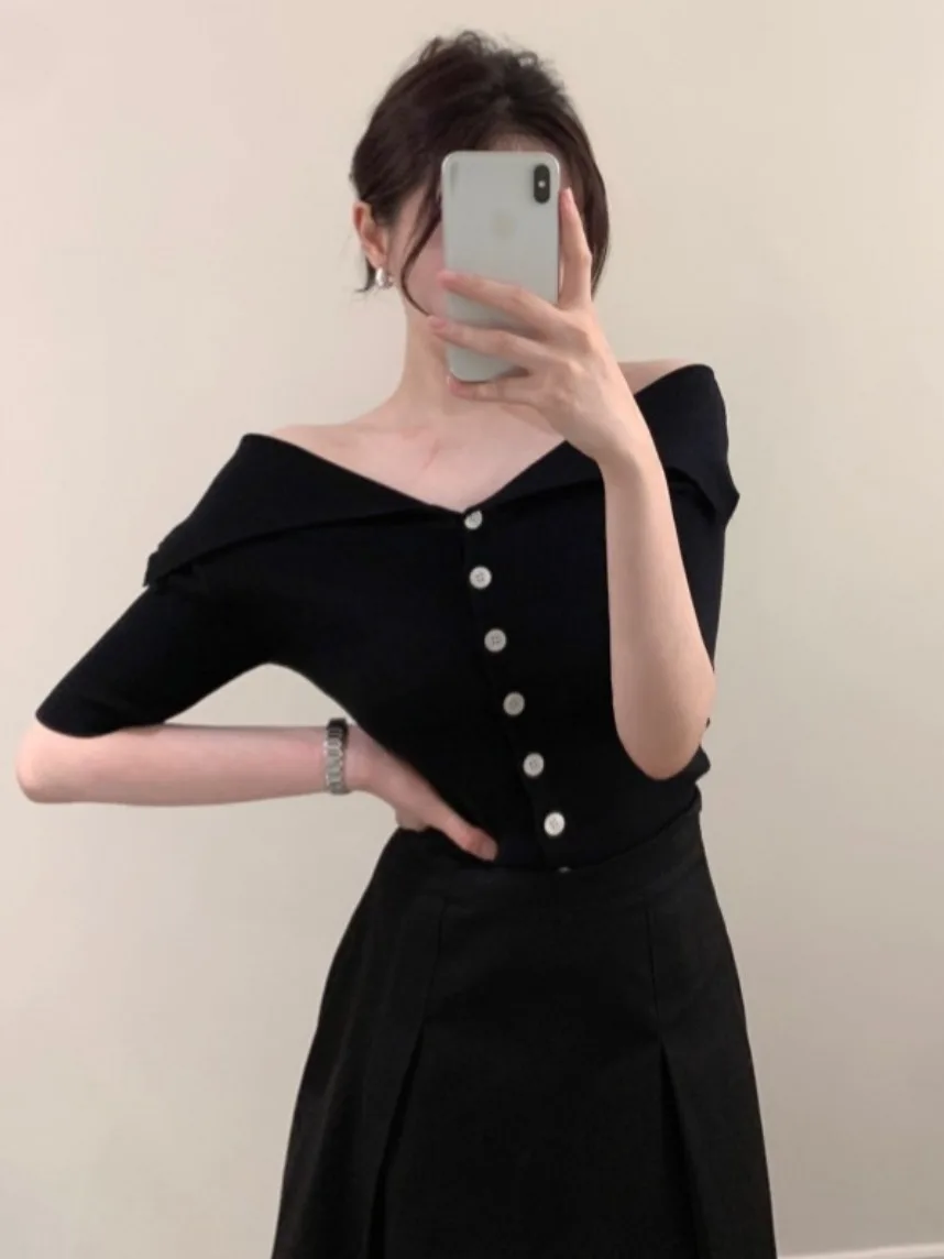 

Blue Knitted Simple Sle Women's Faion Slim Fit irt Large Collar Turn-down Collar Young-looking Top Commute Sle