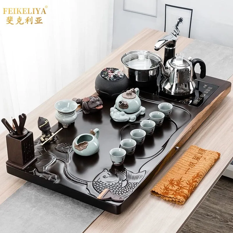 lmm solid wood automatic side carving tea sea household Chinese kung fu kettle integrated