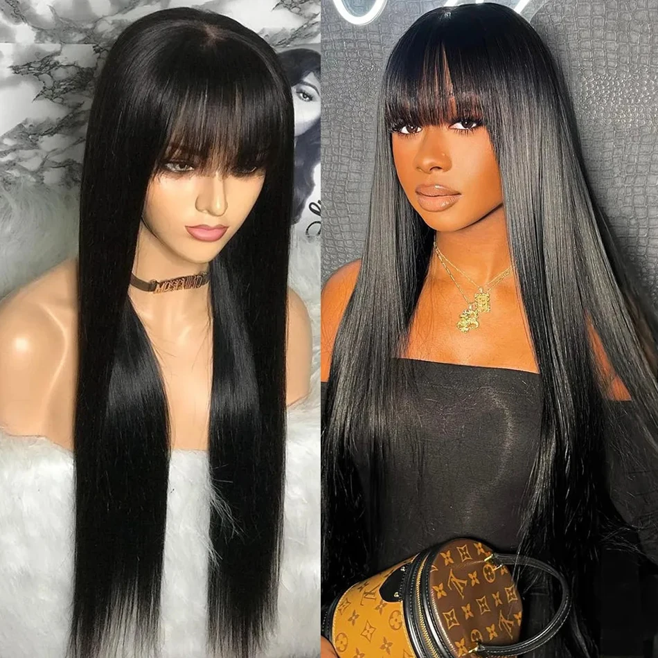 Wiggogo 3X1 Middle Part Lace Wig Bone Straight Human Hair Wig With Bangs Full Machine Made Straight Human Hair Wigs For Women