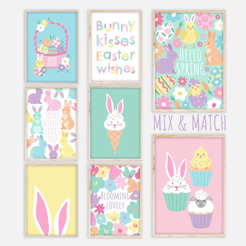 Impresión de póster, imágenes artísticas de pared, pintura en lienzo, sala de estar, dormitorio, decoración del hogar, regalo, conejito sin marco, helado, bonita primavera de Pascua