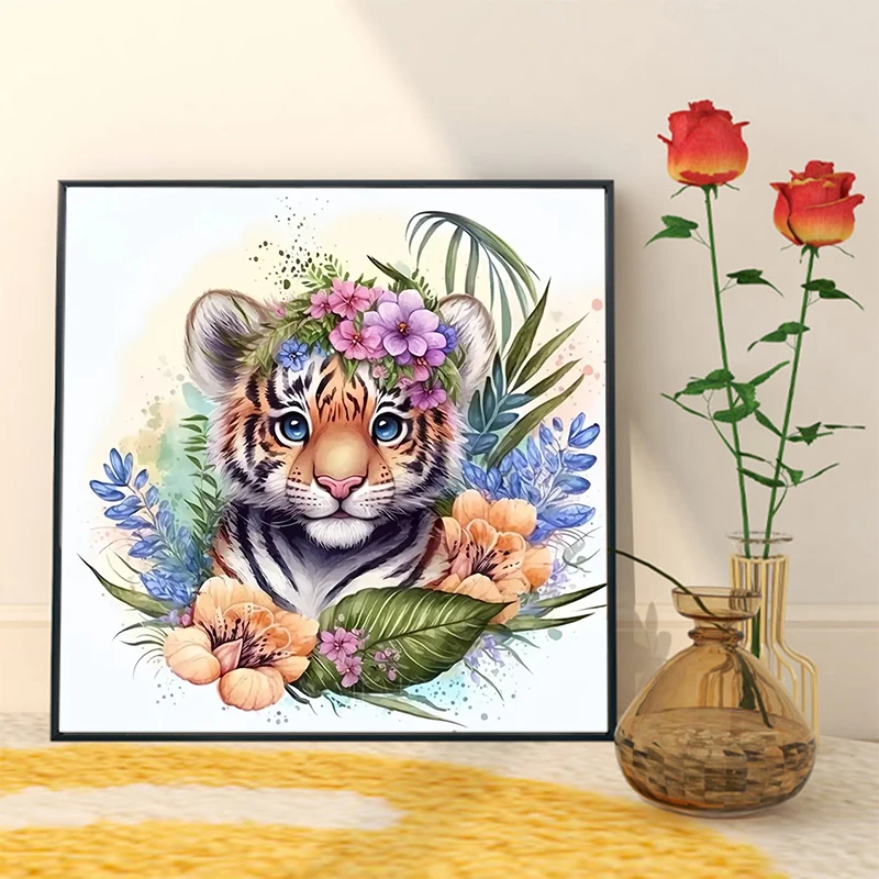 5D Diamond Painting Kit - Tiger and Flowers | DIY HandmadeCrafts for Home Decor | Full Round Art Embroidery Painting Surprise