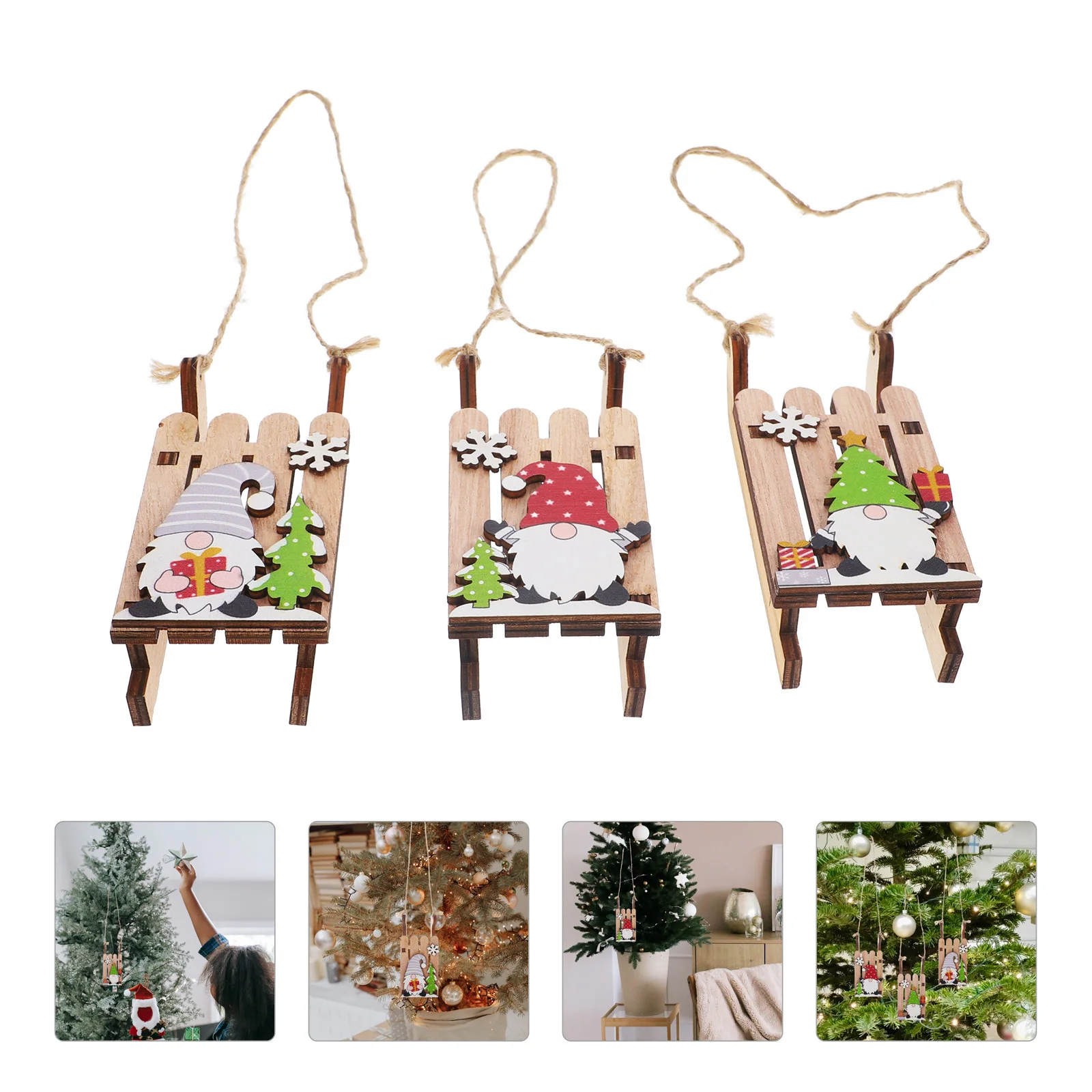 

3Pcs Wooden Sleigh Xmas Tree Decoration Gnome Hanging Ornament Rustic Holiday Sled Mantel Desktop Decor Decorative Wood Sleigh