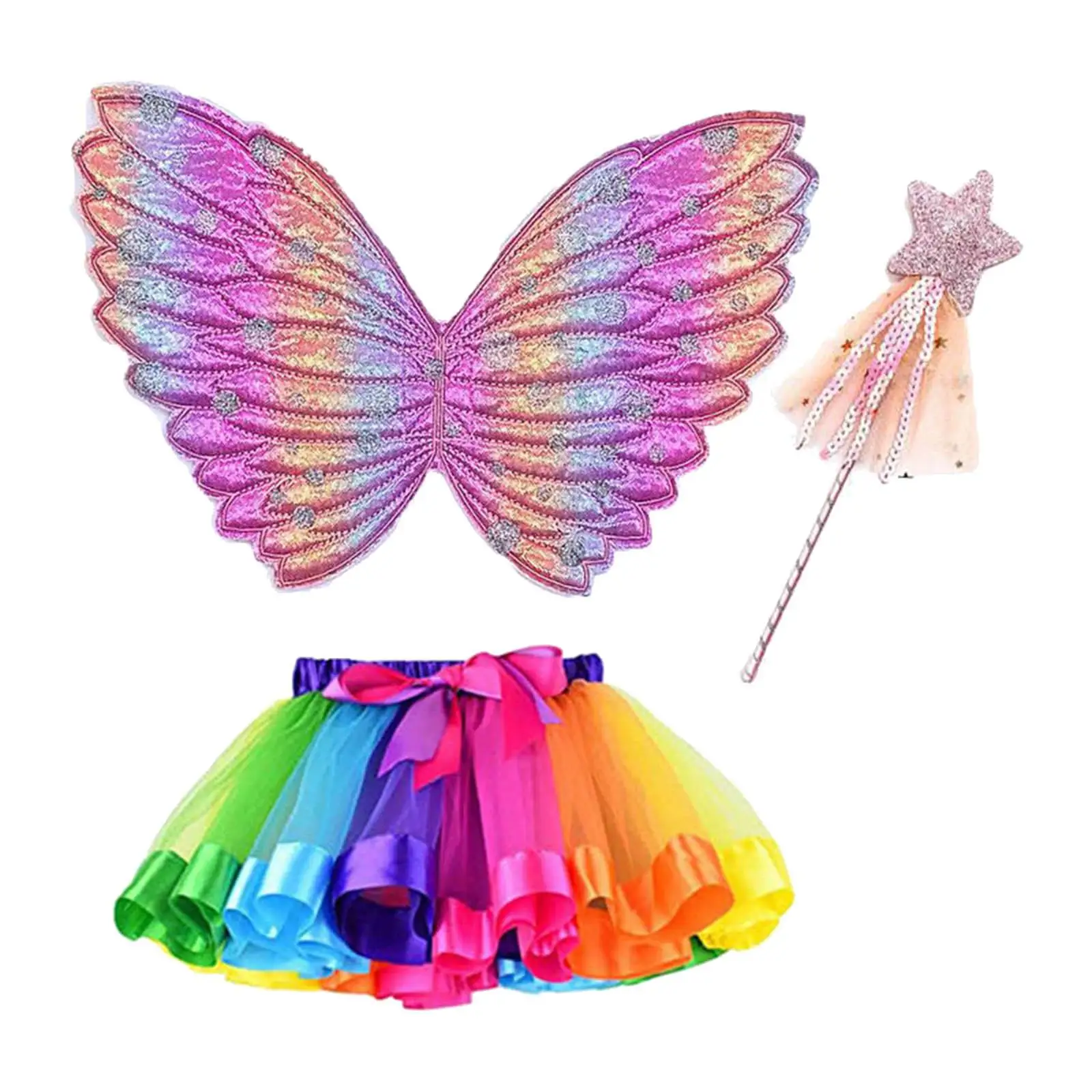 Kids Fairy Wing Costume Princess Ballet Tutu Elastic Dress for Halloween Pretend Play Butterfly Dance