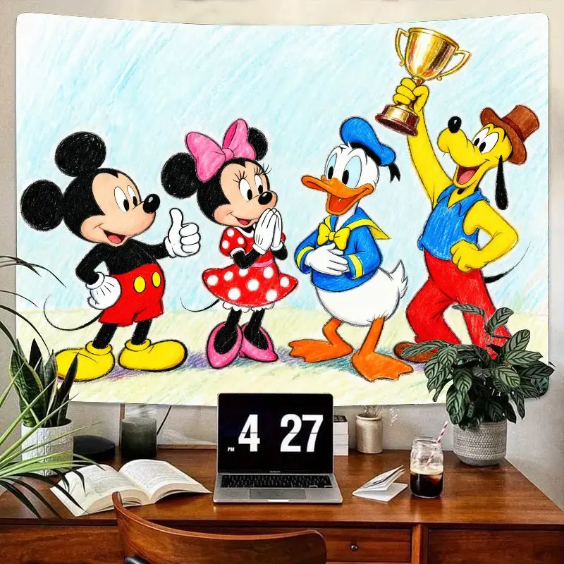 

1PC Disney Mickey Mouse Minnie Donald Duck Pluto Celebration Cartoon Tapestry Polyester Wall Art for Living Room Bedroom Dorm De
