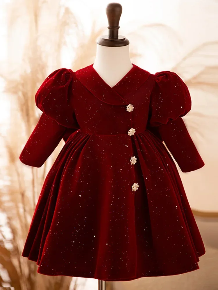 kawaii velvet long sleeve Children's first birthday dresses Flower girl dress Party Clothing for Christmas Baby princess costume