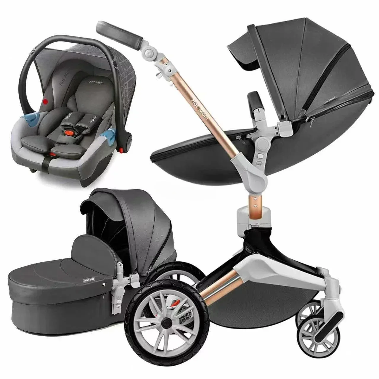 NEW HOT MOM PU Leather Stroller Tiffany Blue 3 in 1 Baby Stroller Easy Folding Portable Baby Walker Baby Outsisde Travel