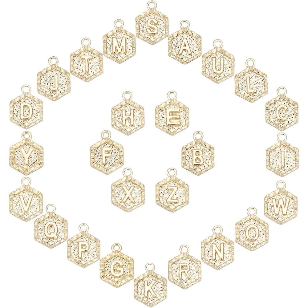 1 Box 26Pcs Real 18K Gold Plated Hexagon Letter Charms Bulk Alphabet Pendant Charm Jewelry Findings for Bracelet Necklace