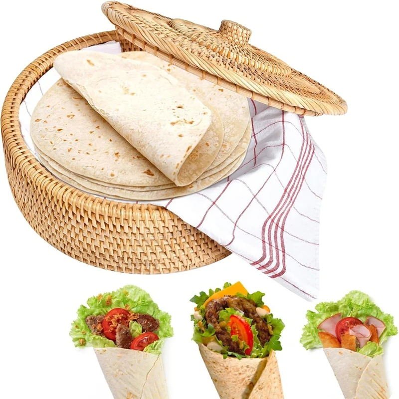 

Round Rattan Boxes With Lid Hand-Woven Multi-Purpose Wicker Tray 10.2Inch Picnic Food Bread Table Storage Basket