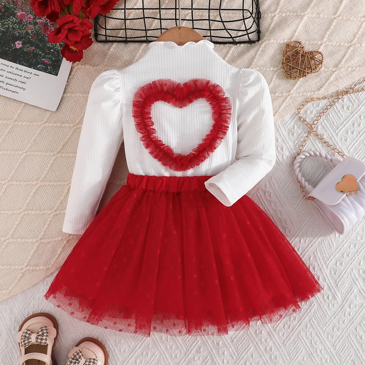 

Kid Girl Sweet Outfit Set with White Long Sleeve Top Featuring Heart Tulle Back Polka Dot Tulle Skirt Children Casual Dress
