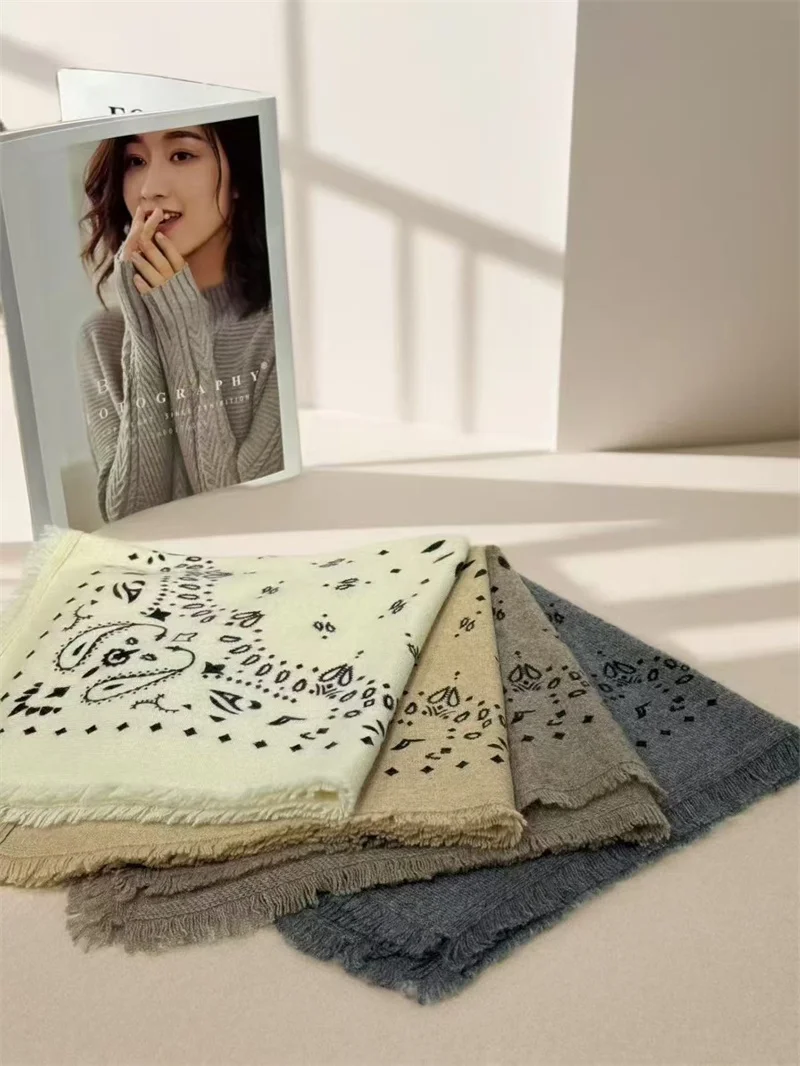 100% Cashmere Knitted Printed Square Scarf Vintage Ethnic Walnut Flower Four Seasons Warm Scarf Shawl Fashionable Youth Acces...