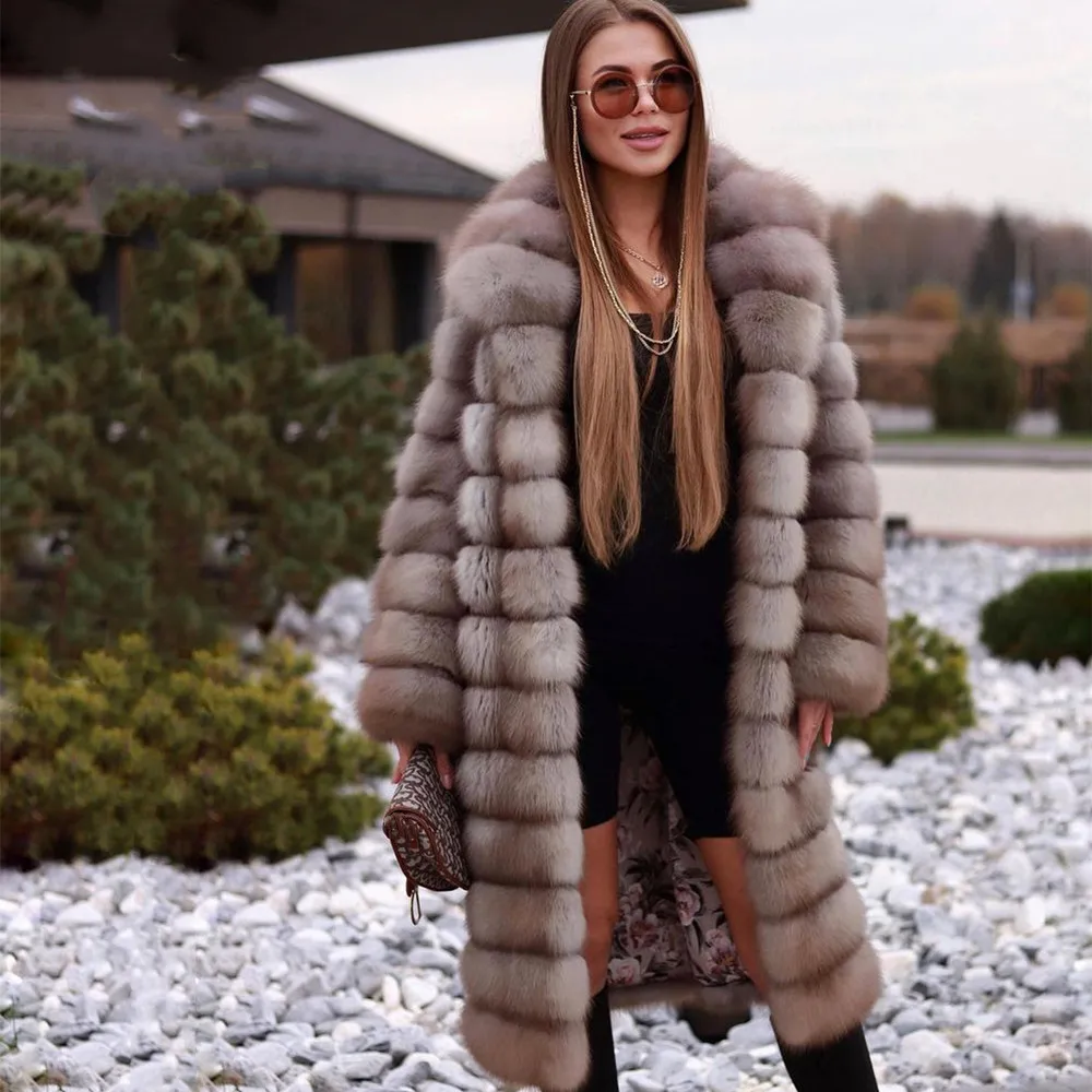 Natural Sable Color Fox Fur Coats Women Witner Thicken Long Outertwear Lapel Straight Loose Genuine Real Fur Jacket Female