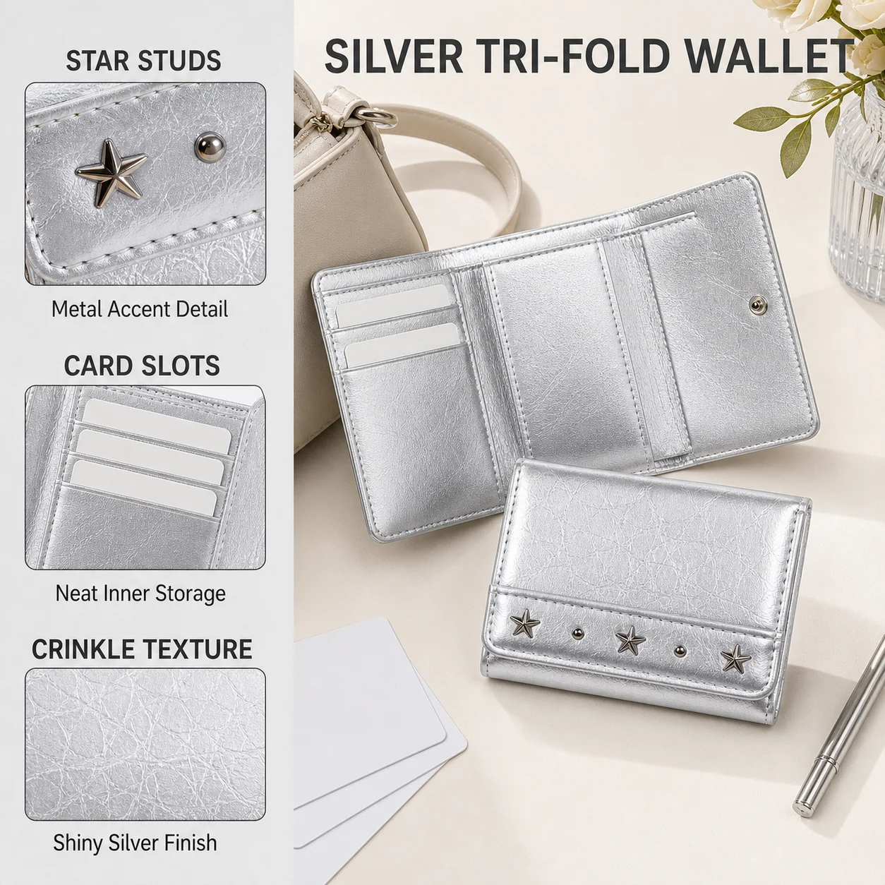 Women's Trifold Short Wallet Wrinkled PU Leather Star Rivet Decor Ultra Light Small Purse for Daily Cards Cash Storage