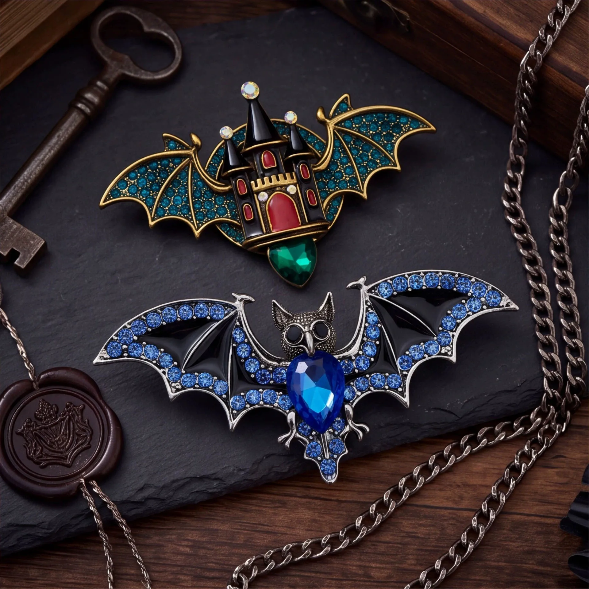 Dark bat brooch, gothic retro personalized chest flower accessory, metal studded diamond Halloween accessory