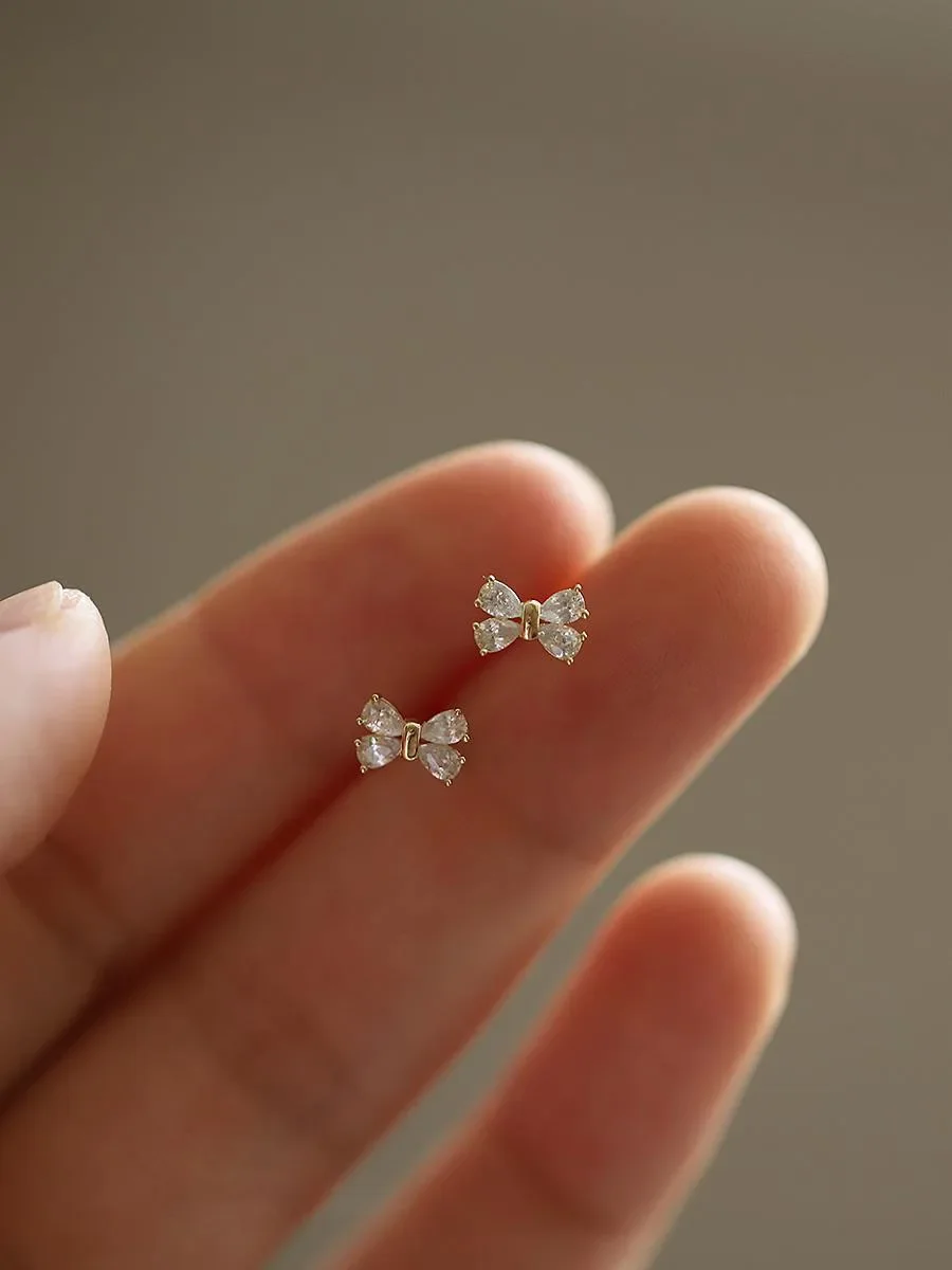 Pendientes de Plata 925 con Mini Lazo y Cuatro Circonitas Brillantes para Mujeres, Niñas y Niños, Joyería al por Mayor