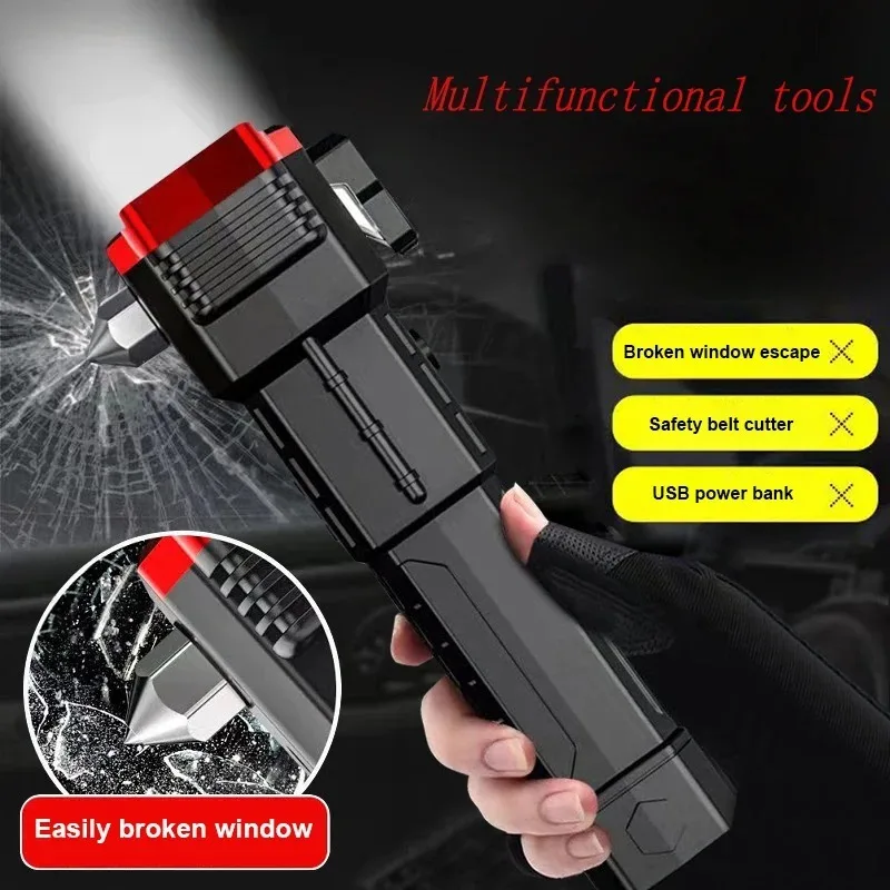 Led Flashlight with Safety Hammer Work Light Emergency Self-Rescue Broken Window Torch USB Rechargeable Tactical Light Lantern