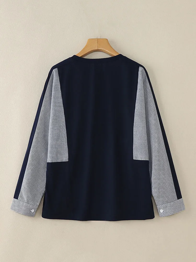 ZANZEA بلوزات نسائية ملابس الشارع موضة كورية رقبة دائرية بلوحات مخططة قمصان طويلة الأكمام كتلة ألوان مرقعة بلوزات خريف 2024