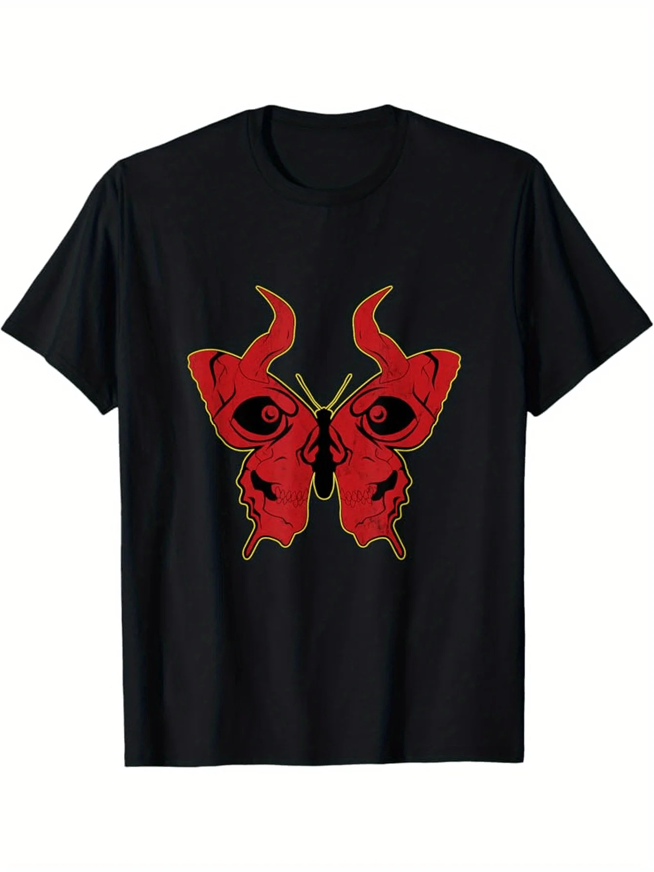 

Women'S Japanese Harajuku Demon Oni Grunge Red Butterfly Skull T-Shirt - White Casual Short Sleeve Round Neck