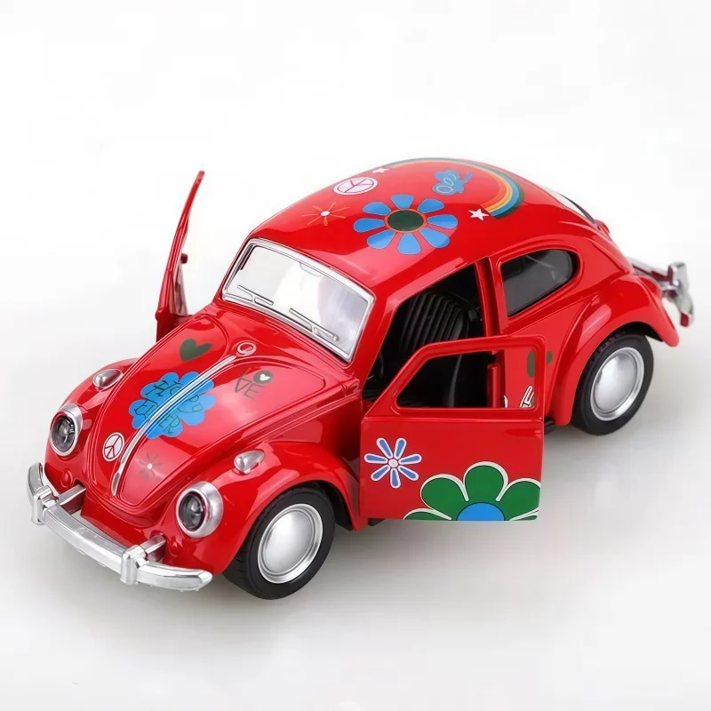 1:36 Scale Retro Beetle Style Alloy Car Model, Can Pull Back Metal Toy Car, Can Open Car Door, colorful Flower Decoration mini C view 2