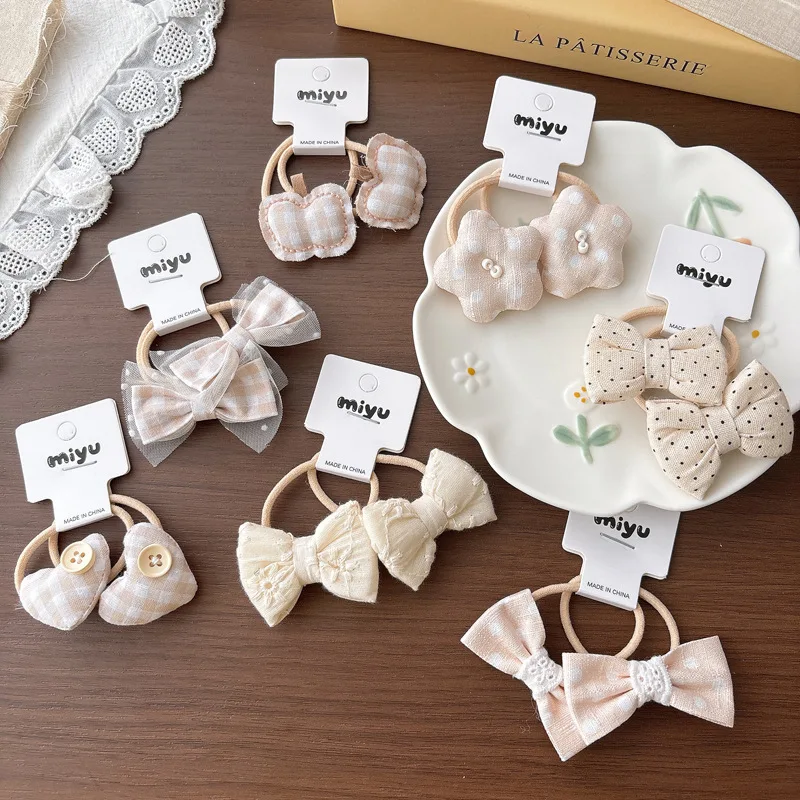 

2pcs Children's Elastic Hair Bands Beige Bowknot Girls Hair Rope Tie Ponytail Holder Rubber Band Kids Hair Accessories Headwear