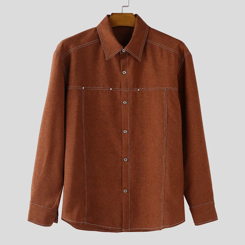 

INCERUN мужская рубашка с лацканами и длинным рукавом в стиле пэчворк, свободная повседневная мужская одежда в корейском стиле, модная уличная одежда 2025, мужские рубашки S-5XL