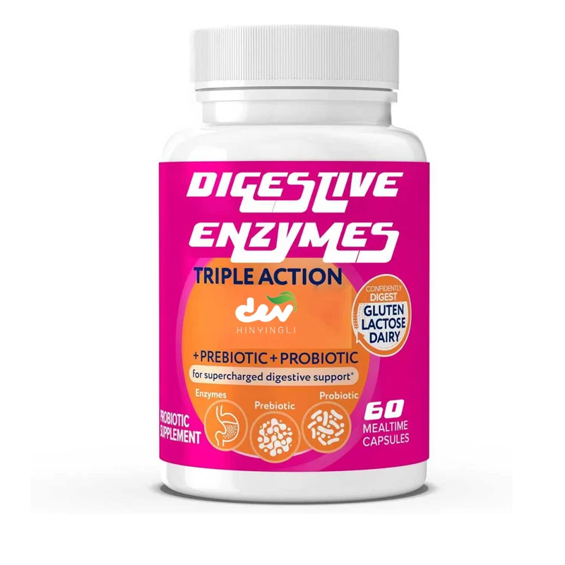 Digestive enzymes containing probiotics and prebiotics promote intestinal health and gas relief, non GMO