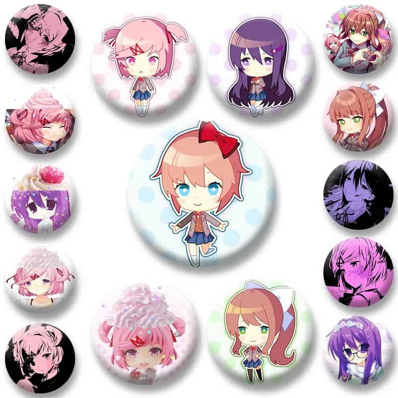 Cute Cartoon Girls Natsuki Monika Sayori Yuri Badges Anime Game Lapel Brooch Backpack Hat Clothes Daily Outfit Decor Pins Gifts
