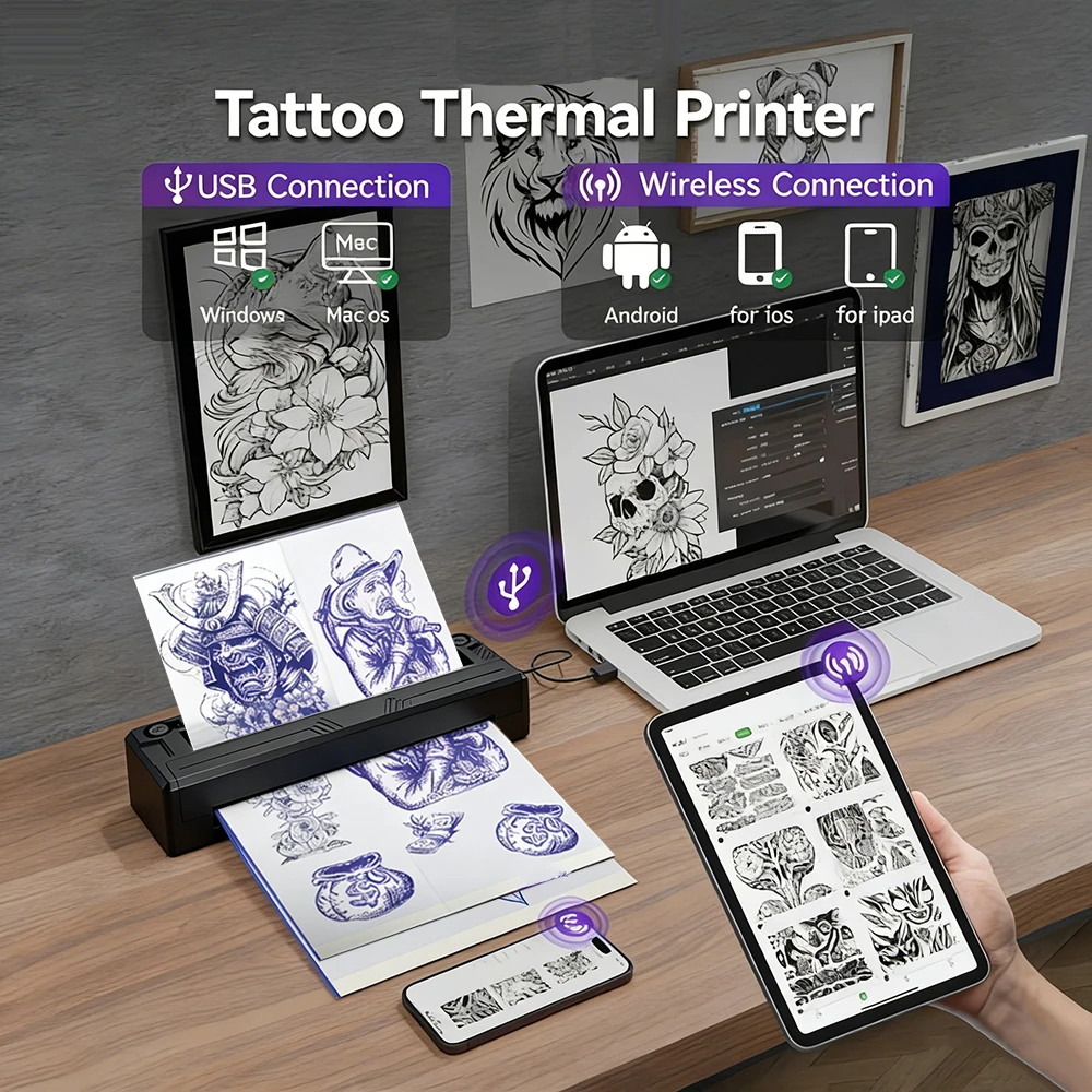 Wireless Tattoo Stencil Printer Thermal Tattoo Transfer Machine with 10pcs Transfer Papers Bluetooth Portable Tattoo Printer