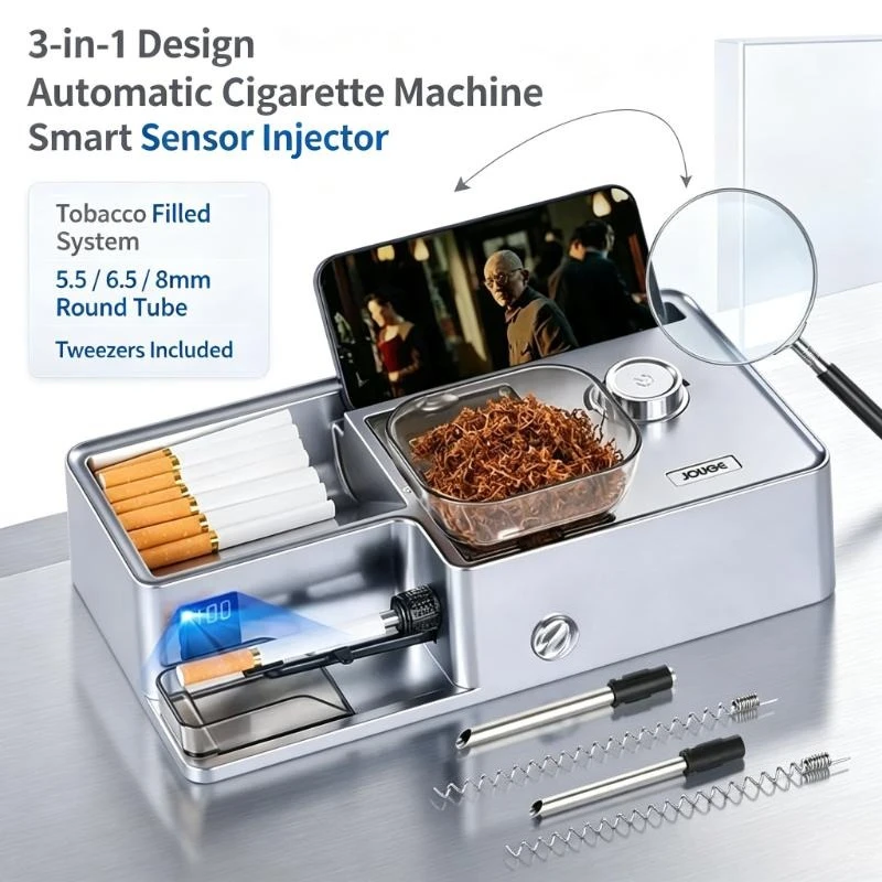 Upgraded 3‑in‑1 Automatic Cigarette Machine Smart Sensor Electric Tobacco Injector for 5.5/6.5/8mm Round Tube, Tweezers