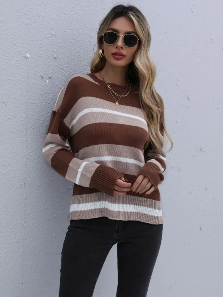 JIM & NORA Women‘s Autumn Fashion Striped Sweater Long Sleeve Casual Round Neck Loose Pullover Sweaters Elegant Tops Streetwear