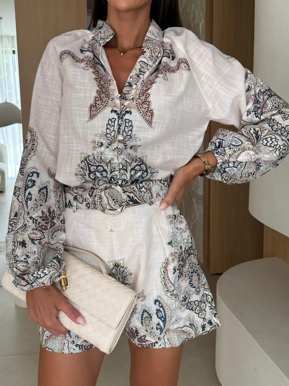 أزياء زهرة طباعة قطعتين مجموعة فضفاضة عالية الياقة طويلة الأكمام زر قميص عالية الخصر السراويل مجموعة أنيقة المرأة ركاب البدلة