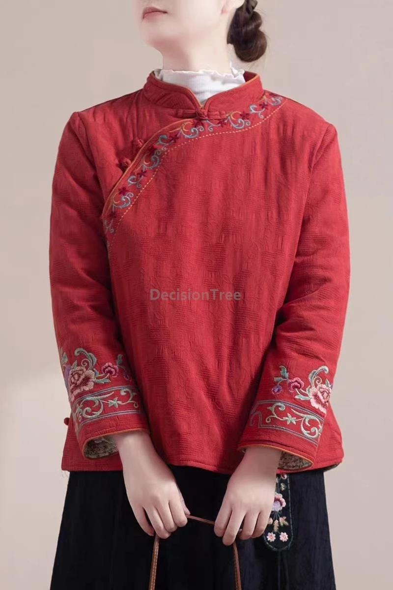 

2025 chinese style slanting front opening embroideried stand collar coat retro literature art cotton linen top loose warm coat
