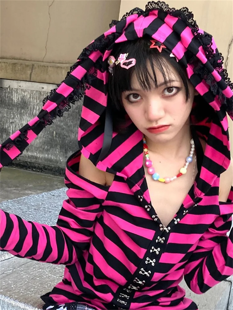 Striped Print Goth Grunge Hoodie Pink Black Gothic Style Bunny Ears Hoodies Female Fairy Harajuku Kawaii Slim Hoodied Egirl Top