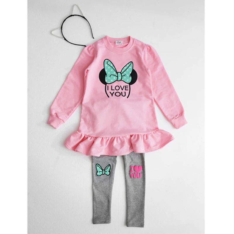 Kids Clothing Set Spring Autumn Cartoon Bow Knot Long Sleeve Cotton Shirt+Leggings 2Pcs Suit For 3-8 Years Girls Casual Outfit