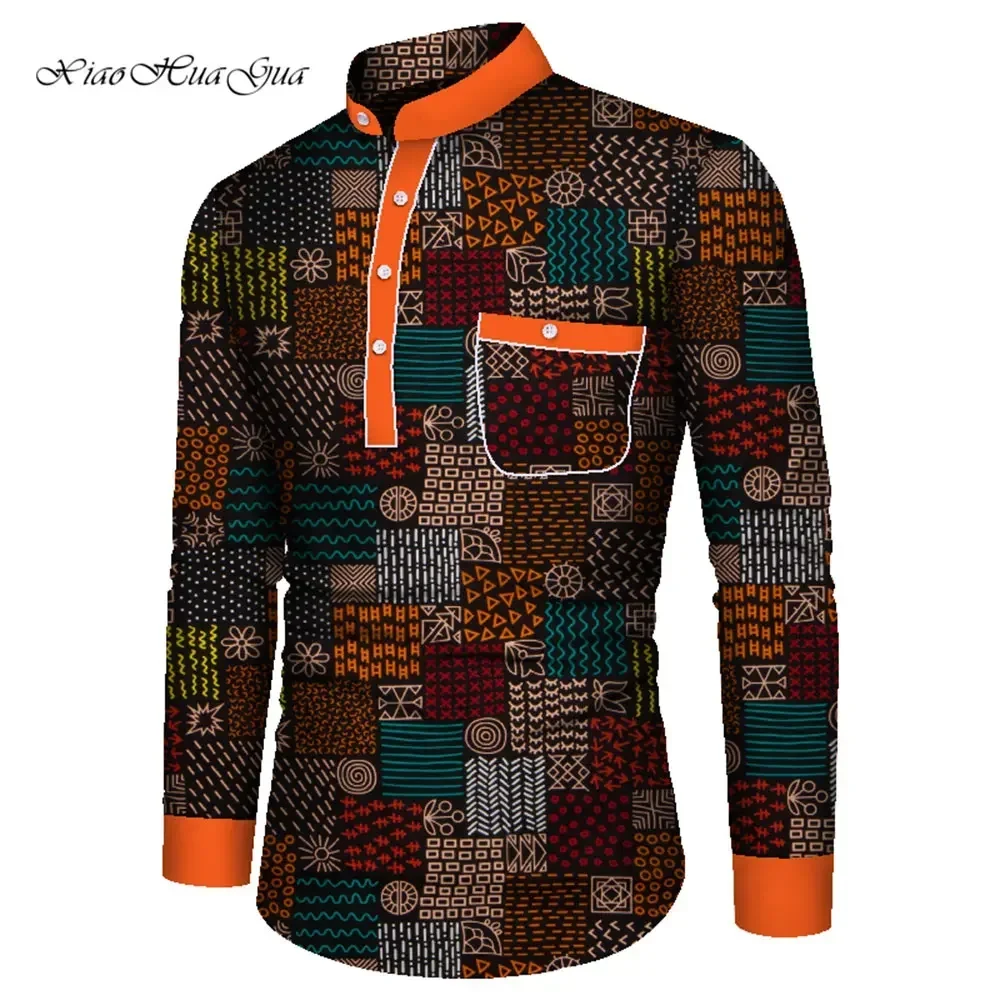 Bazin Riche Men Dashiki Shirt Traditional African Clothes for Men Long Sleeve Cotton Tops African Print Causal Shirts WYN861