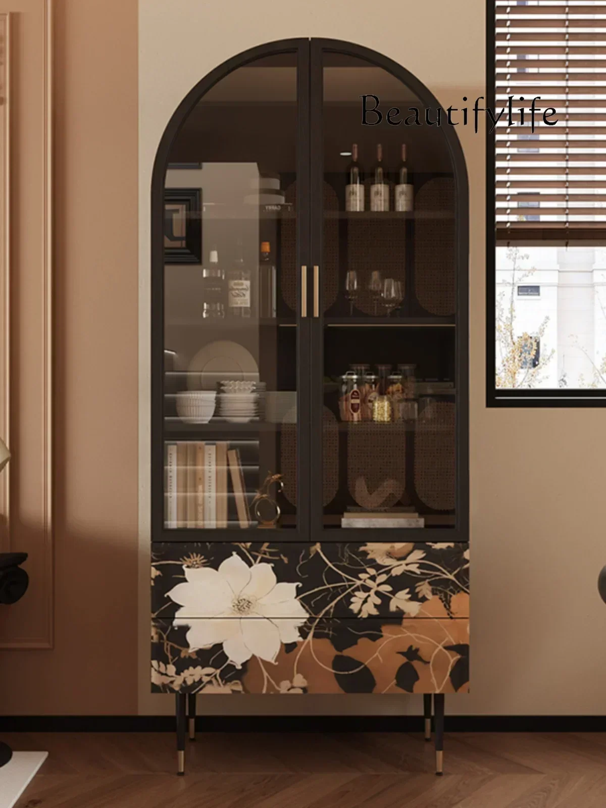 

French retro wine cabinet black American arched storage cabinet with glass door solid wood household dining side chest