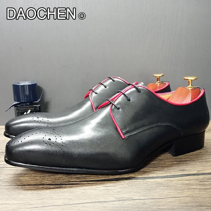 LUXURY BRAND MEN GENUINE LEATHER SHOES BLACK BLUE POINTED DERBY OXFORD LACE UP MEN DRESS WEDDING OFFICE FORMAL SHOES MEN