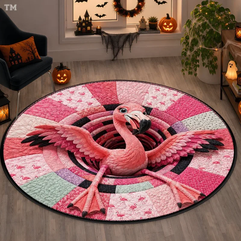 Round Cushion Rug 3D Cartoon Flamingo Printed Circular Carpet Patchwork Quilt Texture Pink Vortex for Armchair Bedroom Decor