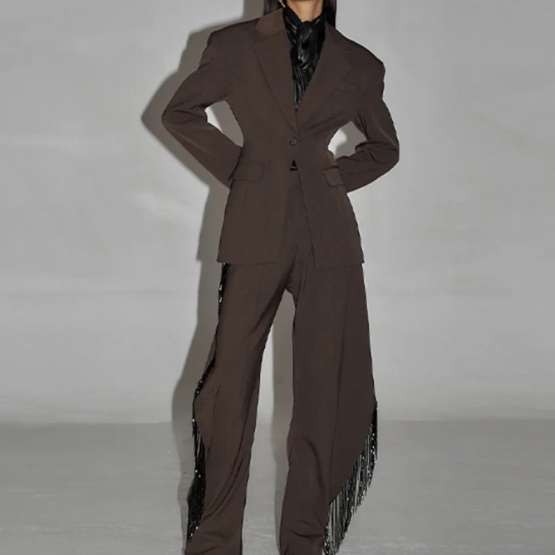 

Женский шикарный костюм с подплечниками и талией, модный топ с длинными рукавами и лацканами, повседневные блестящие брюки с кисточками, повседневный офисный наряд