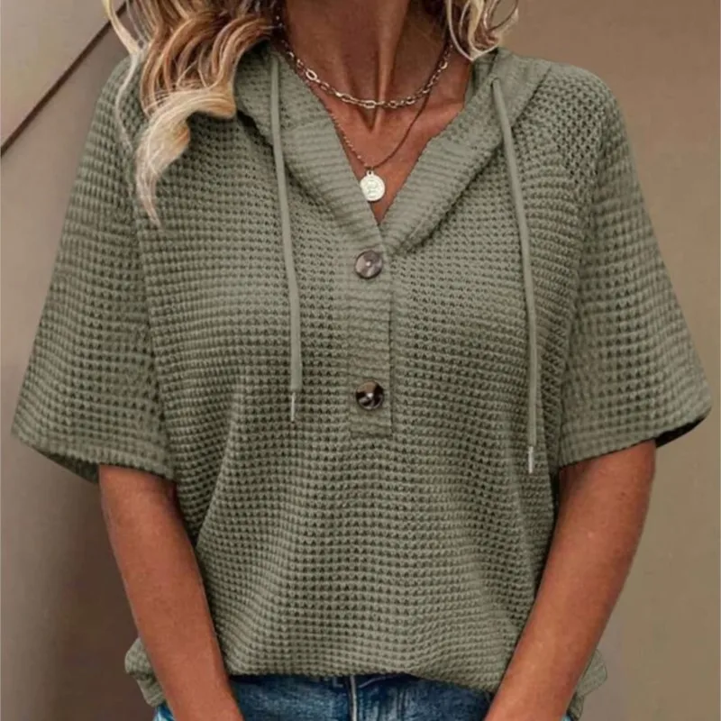 Women's Summer Knitted Short Sleeve Tops Chic Drawstring Hoodies Button V Neck Casual Work Blouses Top Blusas De Mujer Ofertas
