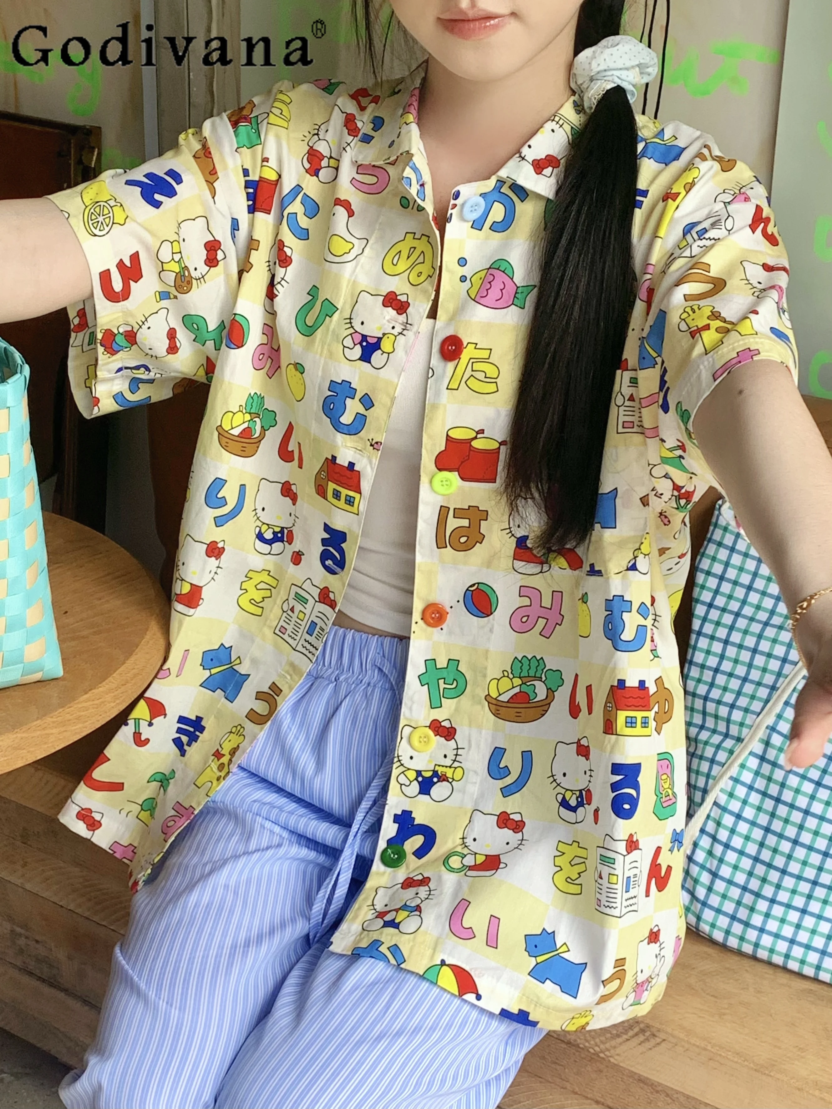 

Summer Fashion JK Girly Elegant Casual Shirt Japanese Sweet Kawaii Cartoon Cat Print Student Blouses Women Loose Slim Y2k Tops