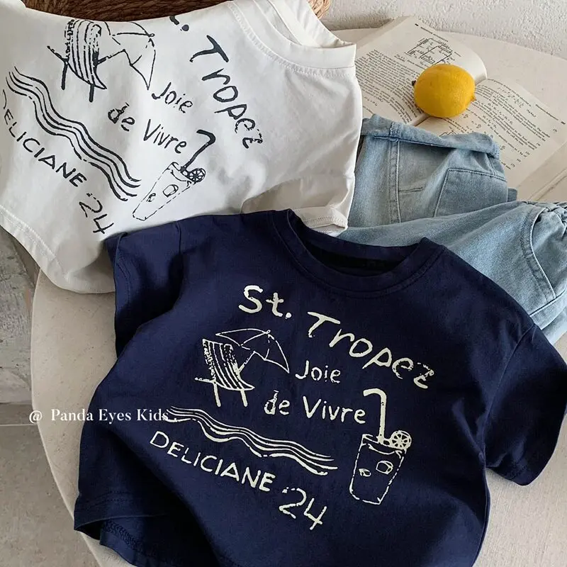 

2026 Summer New Children Short Sleeve T Shirts Boys Cartoon Letter Print Tee Cotton Toddler Casual Tops Kids Girls Loose Clothes