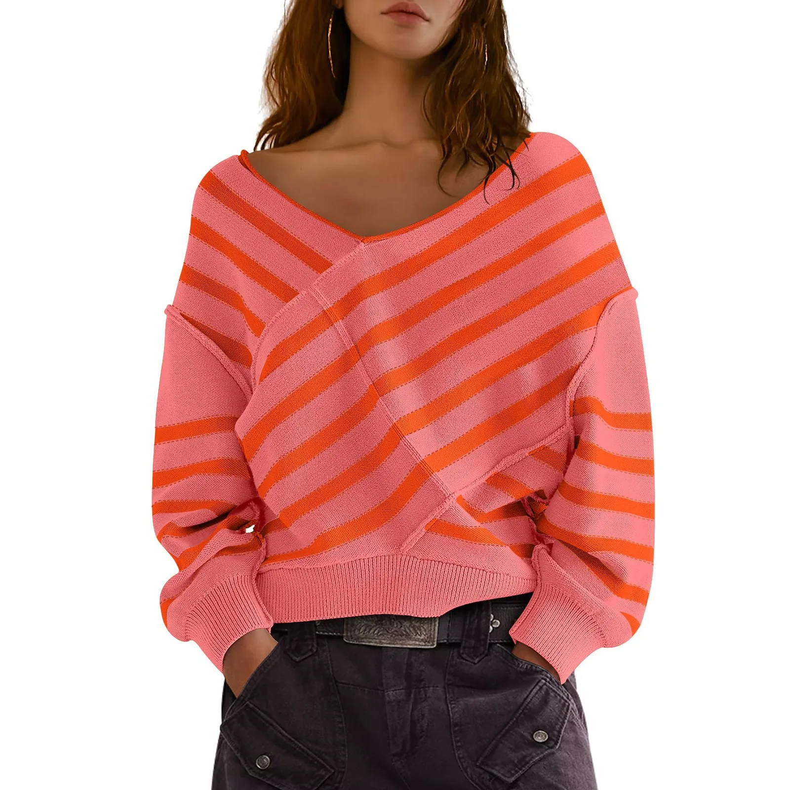 Tops For Women Autumn New Casual Long Sleeve V-Neck Pullover Tops Daily Loose Comfortable Splicing Stripes Sweatshirts Tops